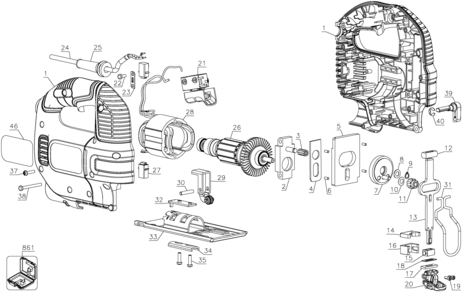 Default Diagram and Parts List for KS701PEK-AR Type 1 Black and Decker Jig Saw